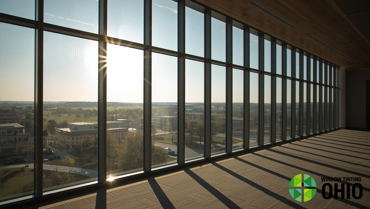 Commercial window film installation on an Ohio office building